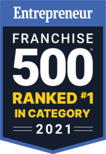 Award badge with Entrepreneur in blue at the top and Franchise 500 Ranked #1 in Category 2021 below