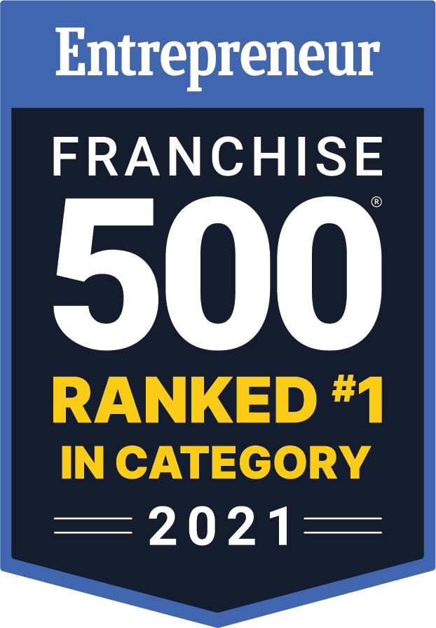 Award badge with Entrepreneur in blue at the top and Franchise 500 Ranked #1 in Category 2021 below