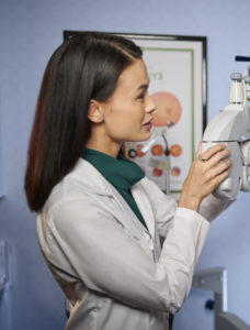 female optometrist during an eye exam